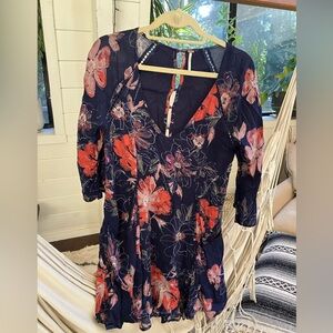 Free People Navy Dress with Red and Pink Floral Accents